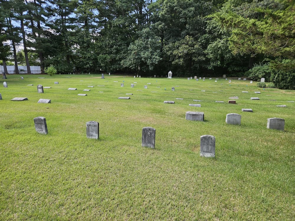 Pet cemetery markers including Checko, Tommy, and Peter