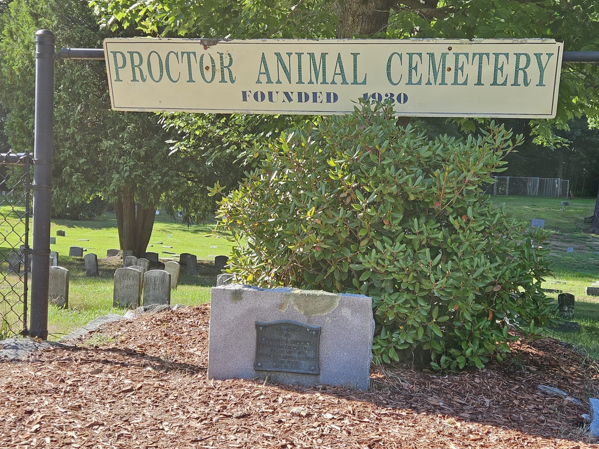 Proctor Animal Cemetery sign, Founded 1930