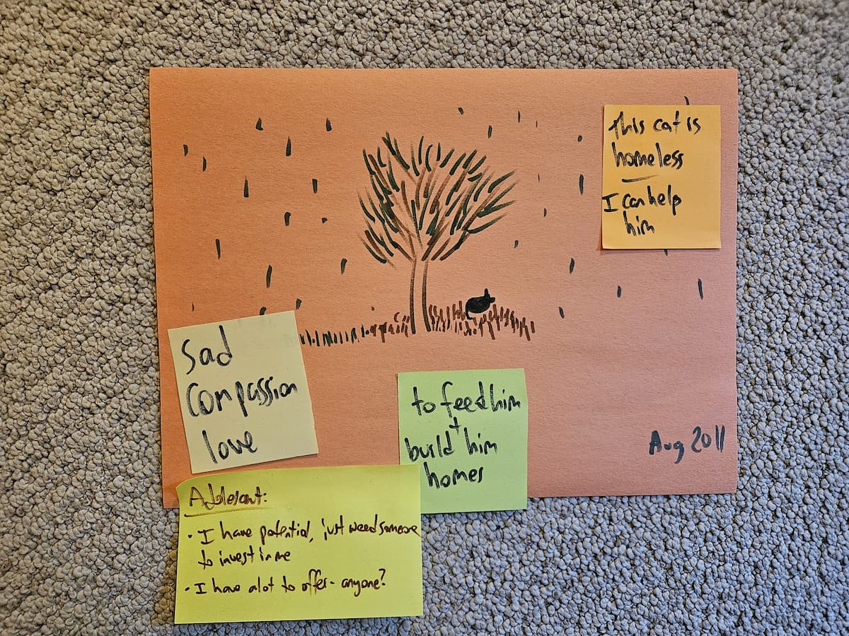 Storyboard panel: Oliver under a tree in rain, August 2011 — this cat is homeless, I can help him