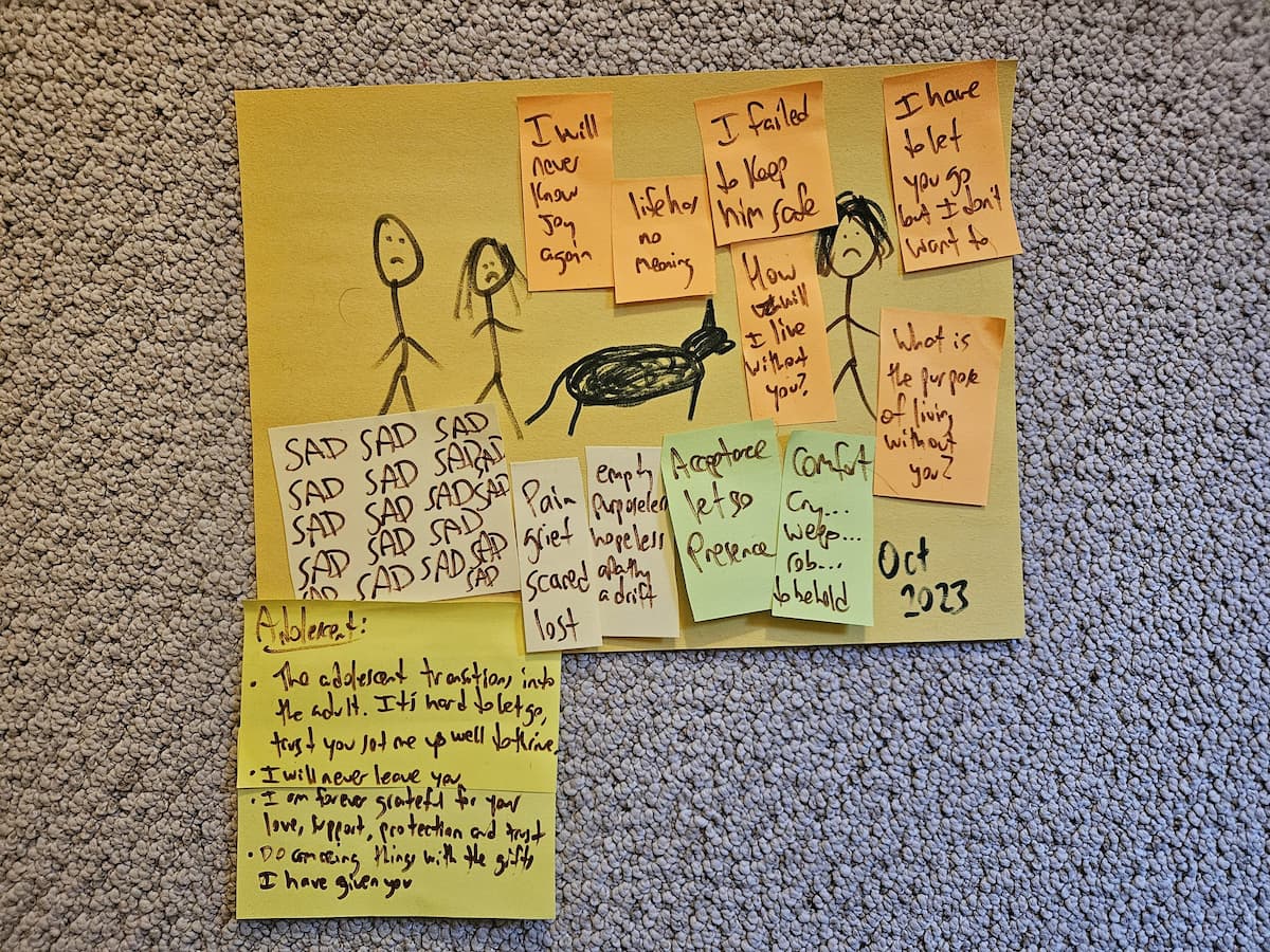 Retreat storyboard panel: SAD written many times, October 2023