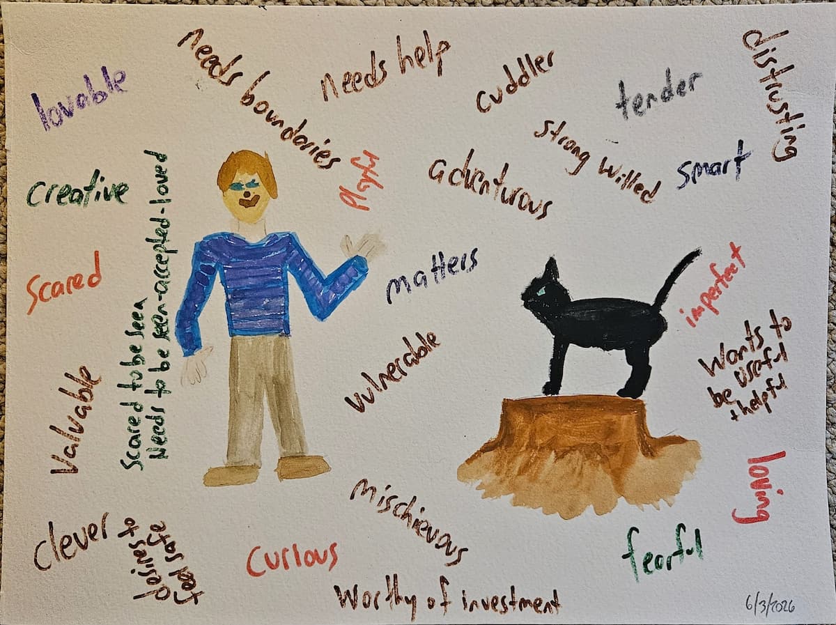Retreat artwork: adolescent boy and Oliver standing on a stump, surrounded by words — lovable, creative, curious, matters, worthy of investment. Dated 6/3/2026.