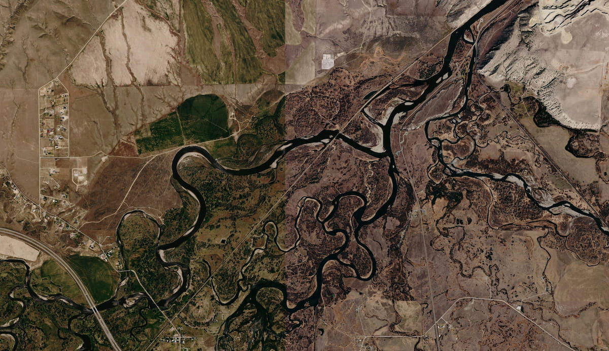 Aerial map view of multiple rivers coming together