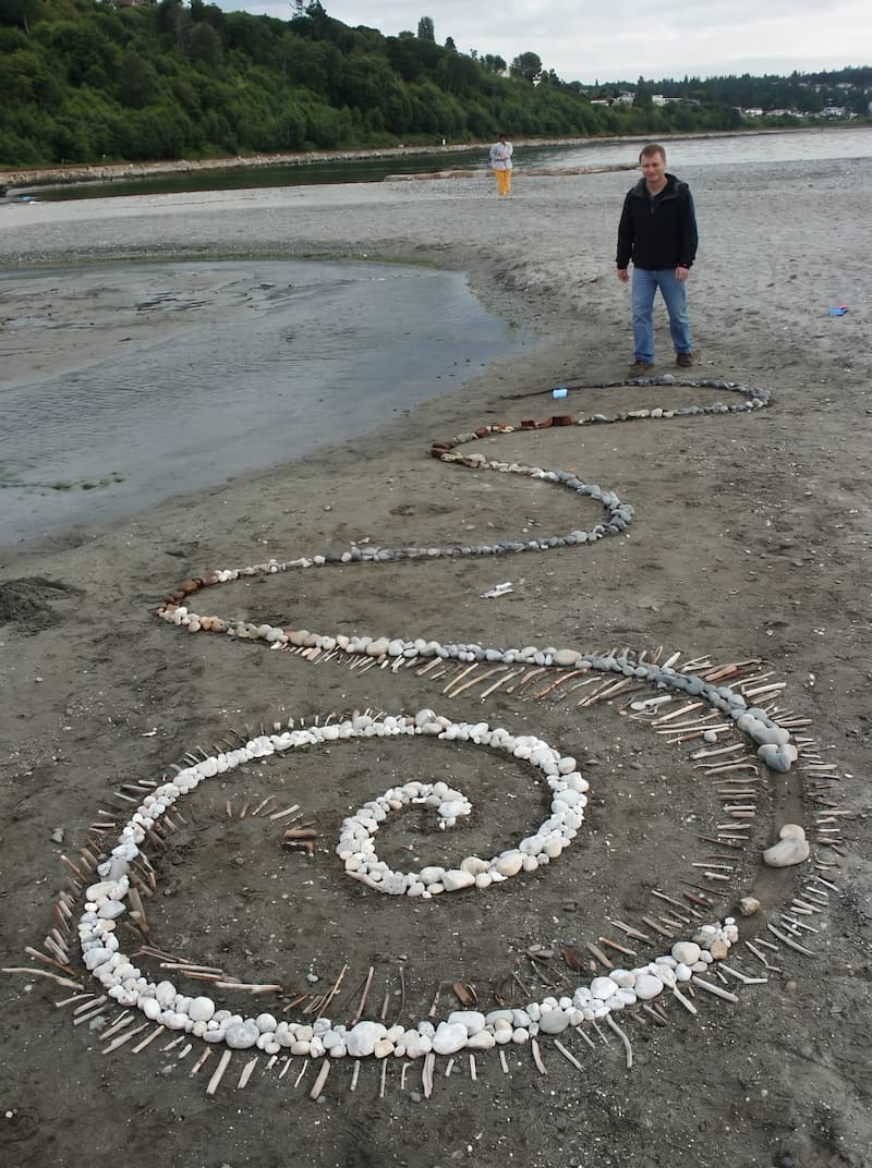A friend at the center of the stone spiral, Puget Sound