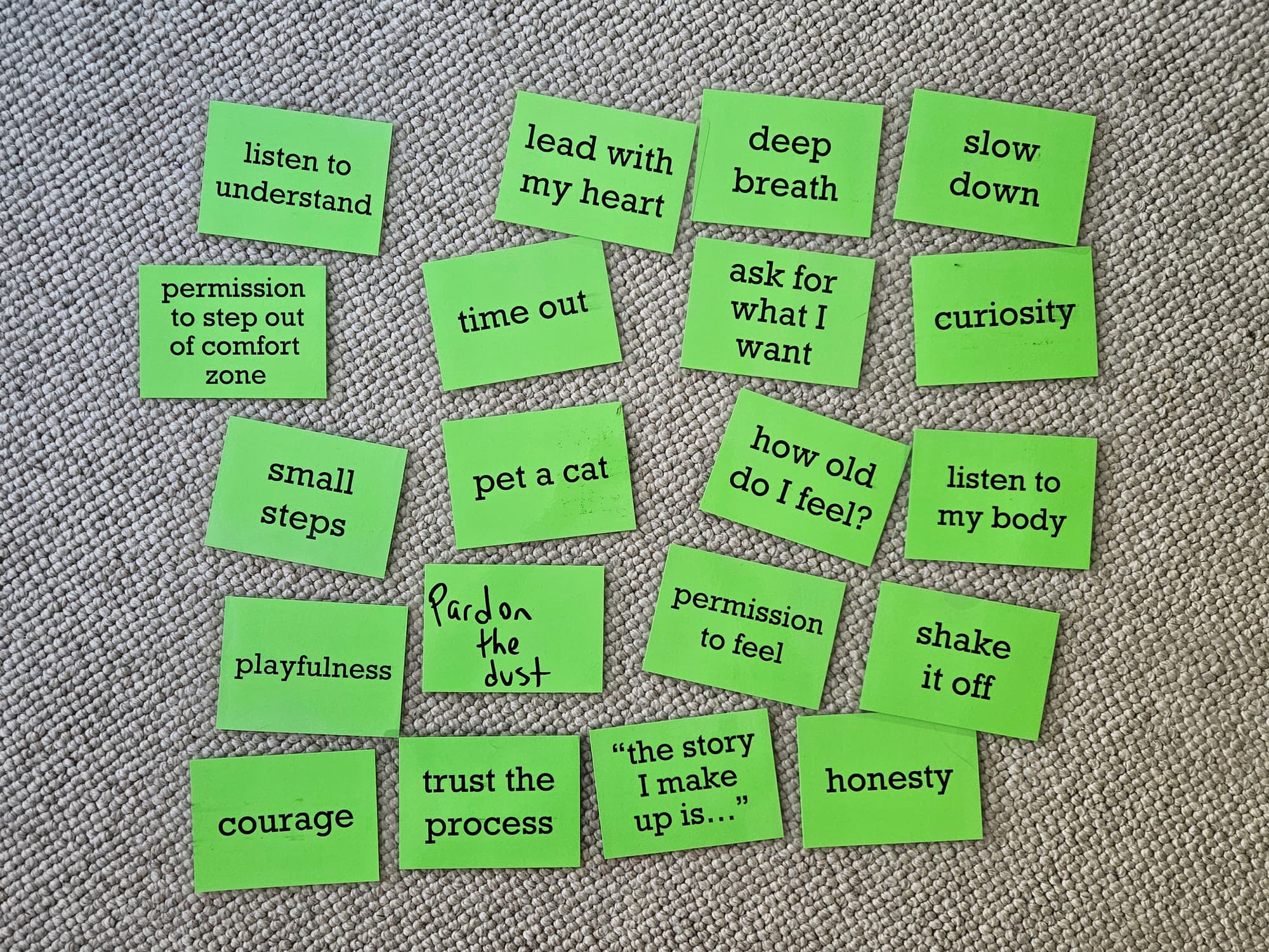 Green resource cards scattered on a carpet, each labeled with a coping tool or resource, such as 'deep breath,' 'pet a cat,' and 'trust the process.